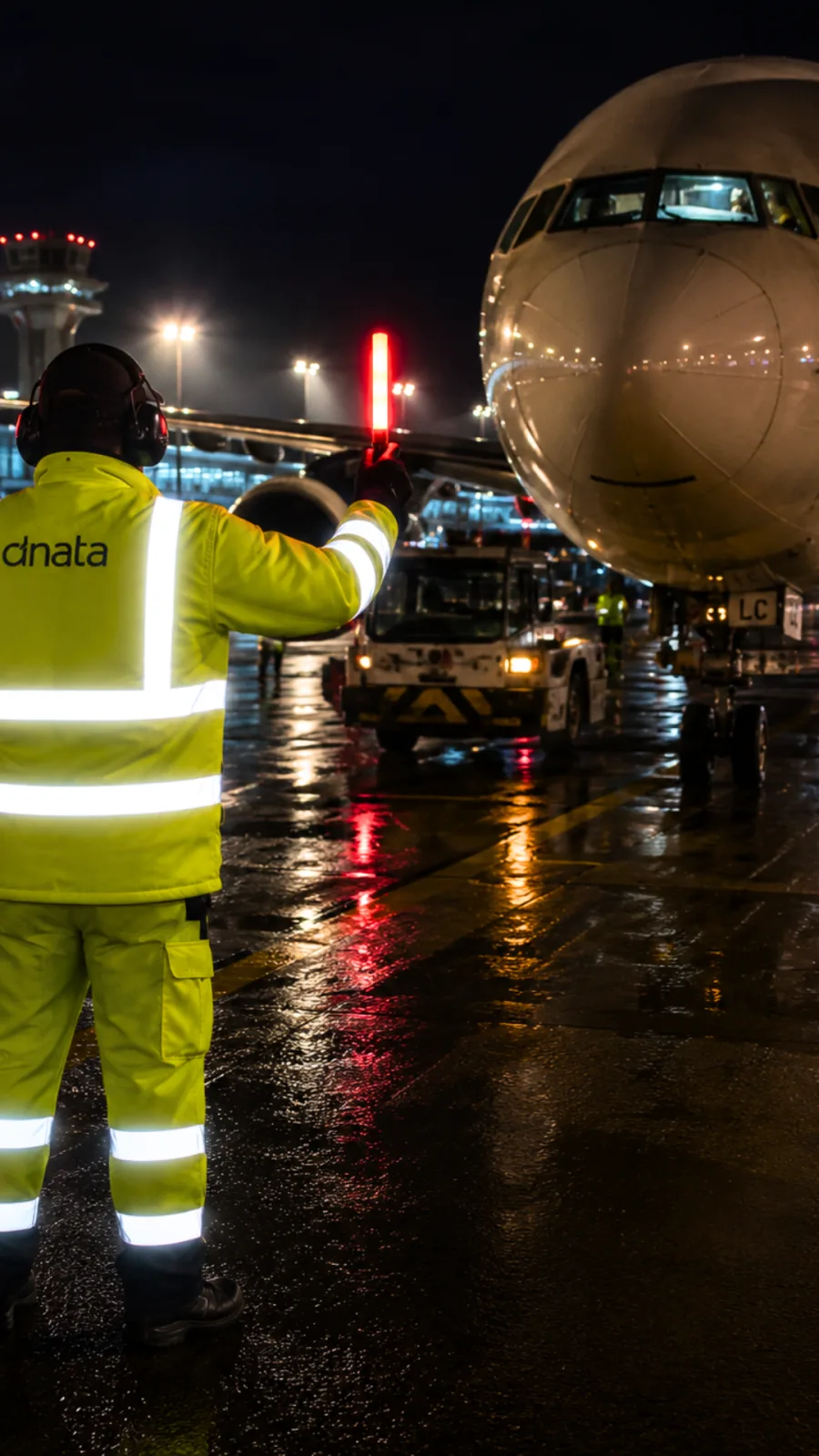 Operador de solo sinalizando aeronave em pátio de aeroporto à noite, com uniforme de alta visibilidade refletindo as luzes da pista molhada