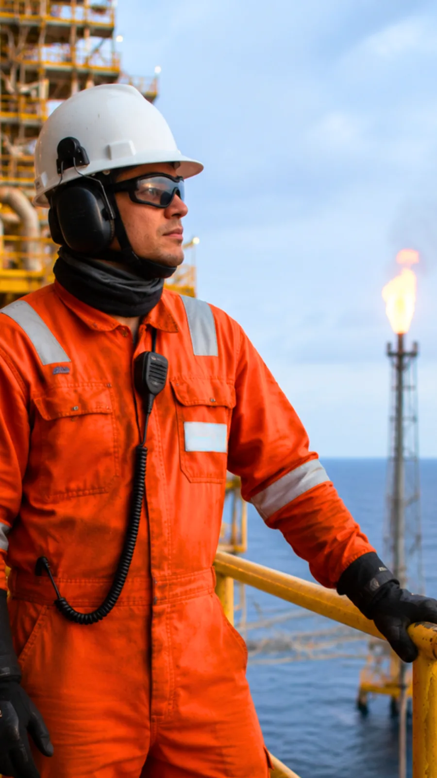 Operador offshore com macacão retardante de chama laranja, capacete, protetor auricular e óculos de segurança, com queimador de gás ao fundo
